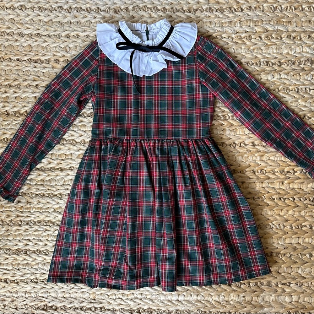La Coqueta Plaid Long Sleeve Dress with Ruffled Collar 8y